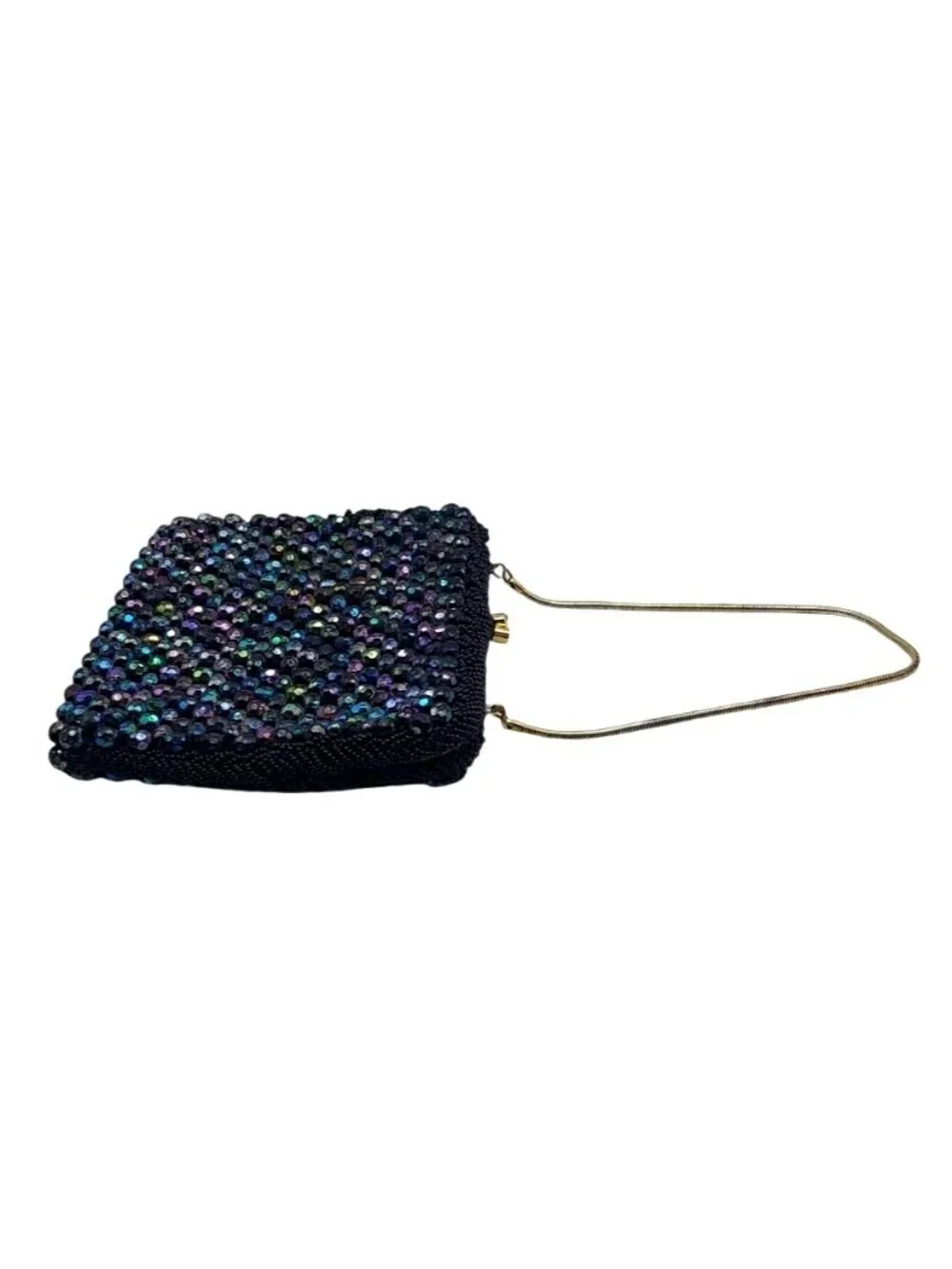 Vintage Black Beaded Evening Clutch Bag Iridescent Beads & Gold Chain Strap